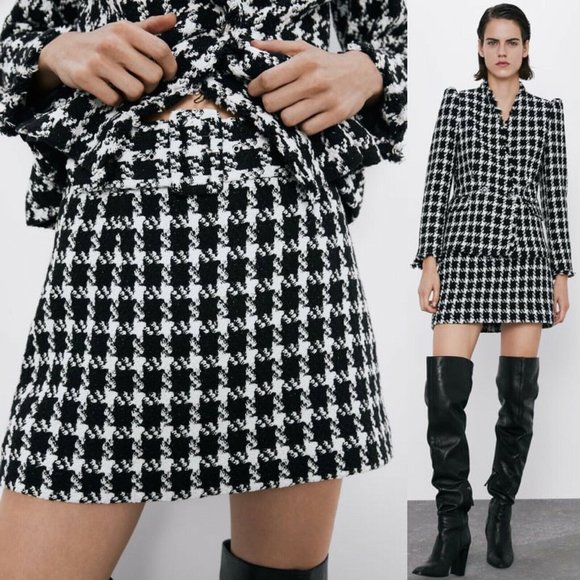 Zara Houndstooth Textured Mini Belted A-Line Skirt - Picture 9 of 15